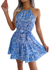 Spring And Summer European And American Leisure Ruffled Large Swing FlProduct information:
 
 Pattern: Flowers
 
 Skirt type: A- line skirt
 
 Color: pink, light purple, sky blue
 
 Waist type: elastic waist
 
 Size: S,M,L,XL
 
 Style ZIP UP EXPRESSWomanAmerican Leisure Ruffled Large Swing Floral Dress