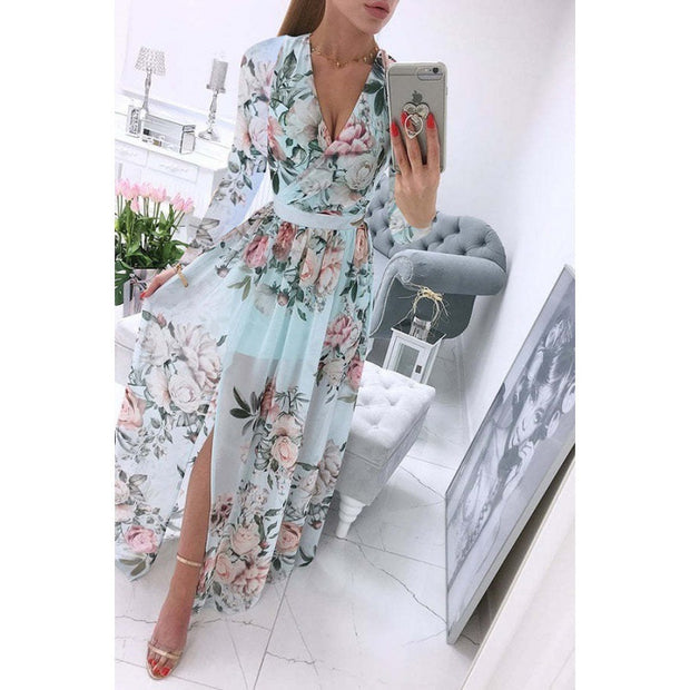 Summer Long-sleeve V-neck Chiffon Printed Bohemian Dress WomenProduct information:
 
 Pattern: Printing
 
 Skirt type: Swing
 
 Color: light blue#, Purple#, foundation#, white background Purple#, white background red#, gray bacZIP UP EXPRESSWomanSummer Long-sleeve