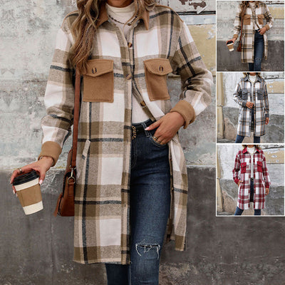 Heritage Plaid Brushed Long Coat - Stylish Winter Jacket with Pockets for Women