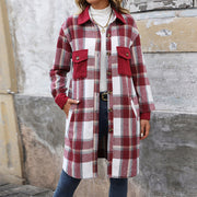 Heritage Plaid Brushed Long Coat - Stylish Winter Jacket with Pockets for Women