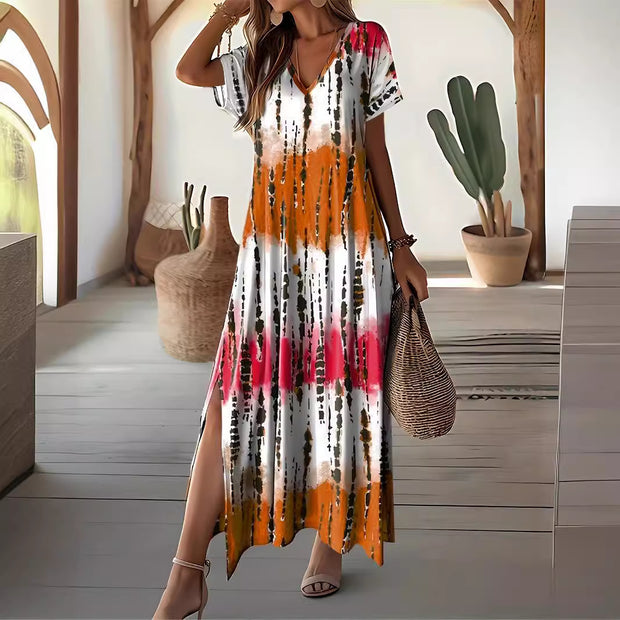 Summer Casual V-neck Short Sleeve Loose Tie-dye Printing DressProduct information:
 
 Skirt type: umbrella skirt
 
 Color: gray, Rose Red, peacock blue, orange red
 
 Waist type: high waist
 
 Size: S,M,L,XL
 
 Style type: tempZIP UP EXPRESSWomanSummer Casual