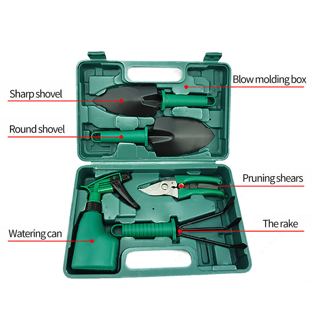 "EcoTend: 5-Piece Garden Tool Set with Plastic Storage Box"**Product Description:**
 


 


 Simplify your gardening tasks with the 
 
 **EcoTend: 5-
 
 Piece Garden Tool Set**, featuring durable iron tools and a convenient ZIP UP EXPRESSGarden"EcoTend