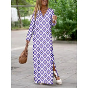 Summer Geometric Printed V-neck Long Dress Fashion Long Sleeve Slit DrOverview:
 
 Unique design, stylish and beautiful.
 
 Good material, comfortable wear.
 
 A variety of colors, any choice.
 
 
 


 Product information:
 
 Pattern: ZIP UP EXPRESSWoman-neck Long Dress Fashion Long Sleeve Slit Dresses