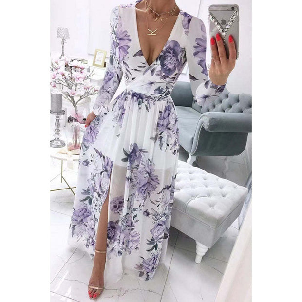 Summer Long-sleeve V-neck Chiffon Printed Bohemian Dress WomenProduct information:
 
 Pattern: Printing
 
 Skirt type: Swing
 
 Color: light blue#, Purple#, foundation#, white background Purple#, white background red#, gray bacZIP UP EXPRESSWomanSummer Long-sleeve