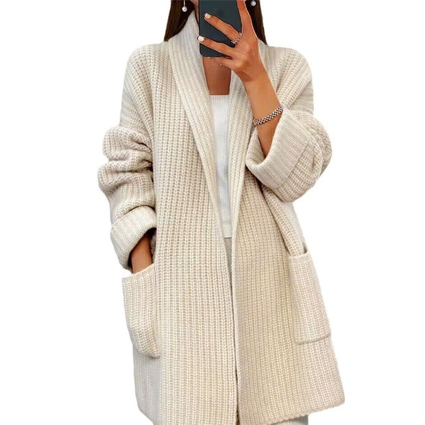 CozyChic Lapel Knitted Cardigan - Casual Loose Sweater Jacket with Pockets