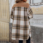 Heritage Plaid Brushed Long Coat - Stylish Winter Jacket with Pockets for Women