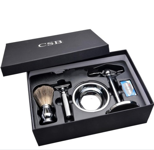 CSB Ultimate Shaving Kit - Double Edge Razor Set with Badger Hair Brush & Chrome Stand