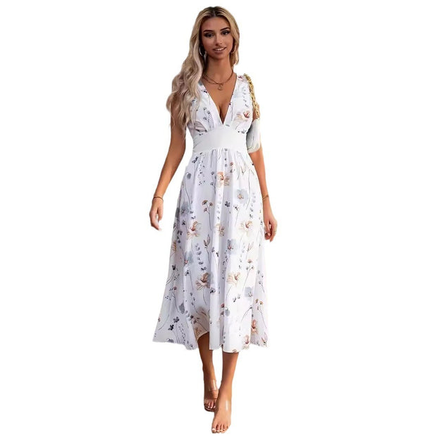 Women's Summer New V-neck High Waist Sleeveless Printed Vest DressProduct information:
 
 Fabric name: Polyester
 
 Color: White
 
 Sleeve type: sleepveless
 
 Main fabric composite: Polyester
 
 Size: S,M,L,XL,XXL
 
 Style type: tZIP UP EXPRESSWoman-neck High Waist Sleeveless Printed Vest Dress