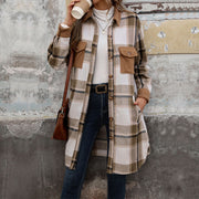 Heritage Plaid Brushed Long Coat - Stylish Winter Jacket with Pockets for Women