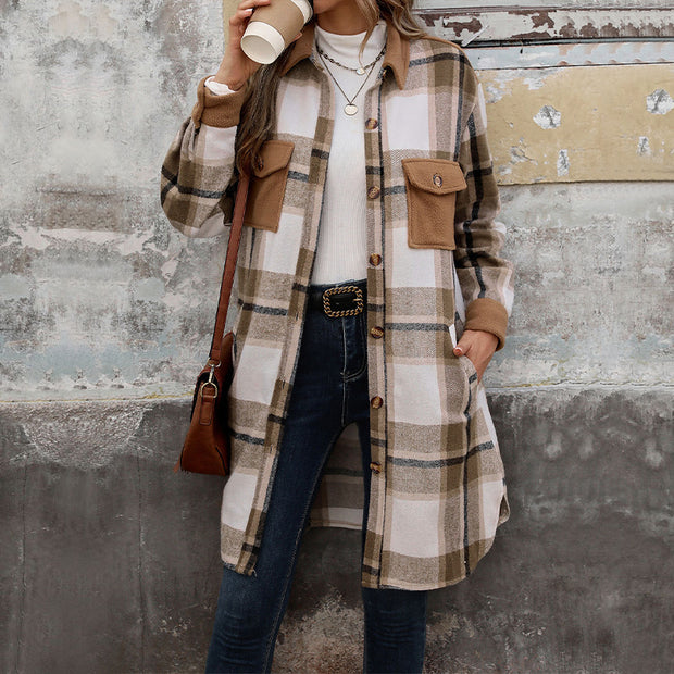 Heritage Plaid Brushed Long Coat - Stylish Winter Jacket with Pockets for Women