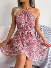 Spring And Summer European And American Leisure Ruffled Large Swing FlProduct information:
 
 Pattern: Flowers
 
 Skirt type: A- line skirt
 
 Color: pink, light purple, sky blue
 
 Waist type: elastic waist
 
 Size: S,M,L,XL
 
 Style ZIP UP EXPRESSWomanAmerican Leisure Ruffled Large Swing Floral Dress