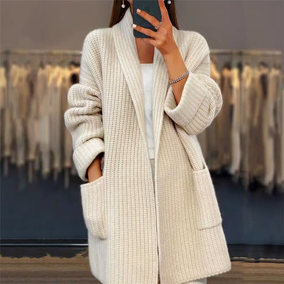 CozyChic Lapel Knitted Cardigan - Casual Loose Sweater Jacket with Pockets