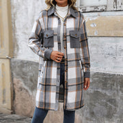 Heritage Plaid Brushed Long Coat - Stylish Winter Jacket with Pockets for Women