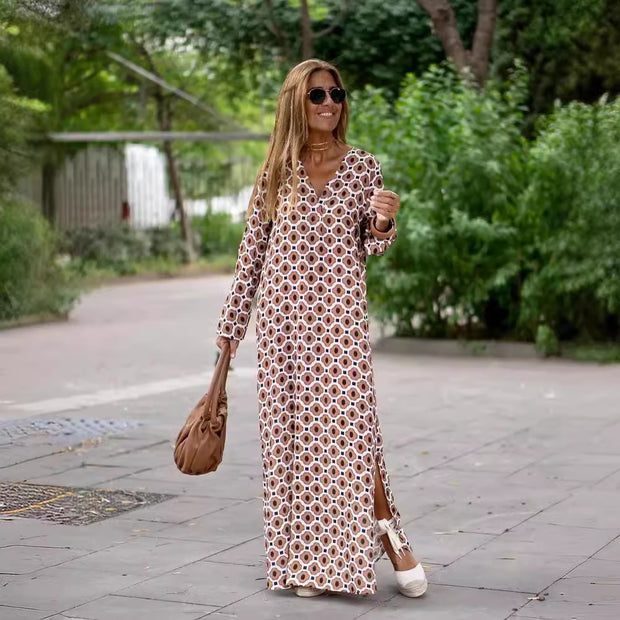 Summer Geometric Printed V-neck Long Dress Fashion Long Sleeve Slit DrOverview:
 
 Unique design, stylish and beautiful.
 
 Good material, comfortable wear.
 
 A variety of colors, any choice.
 
 
 


 Product information:
 
 Pattern: ZIP UP EXPRESSWoman-neck Long Dress Fashion Long Sleeve Slit Dresses